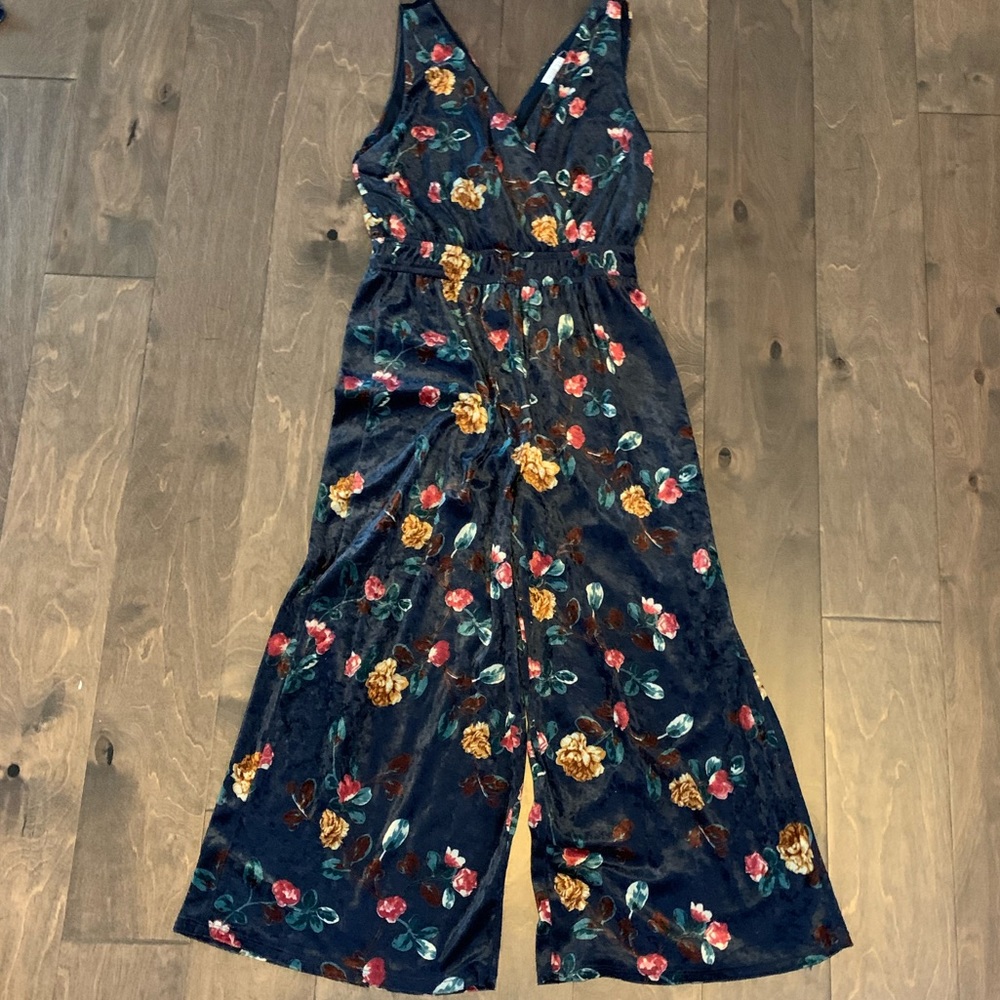 Navy Blue flowery velour capris jumpsuit